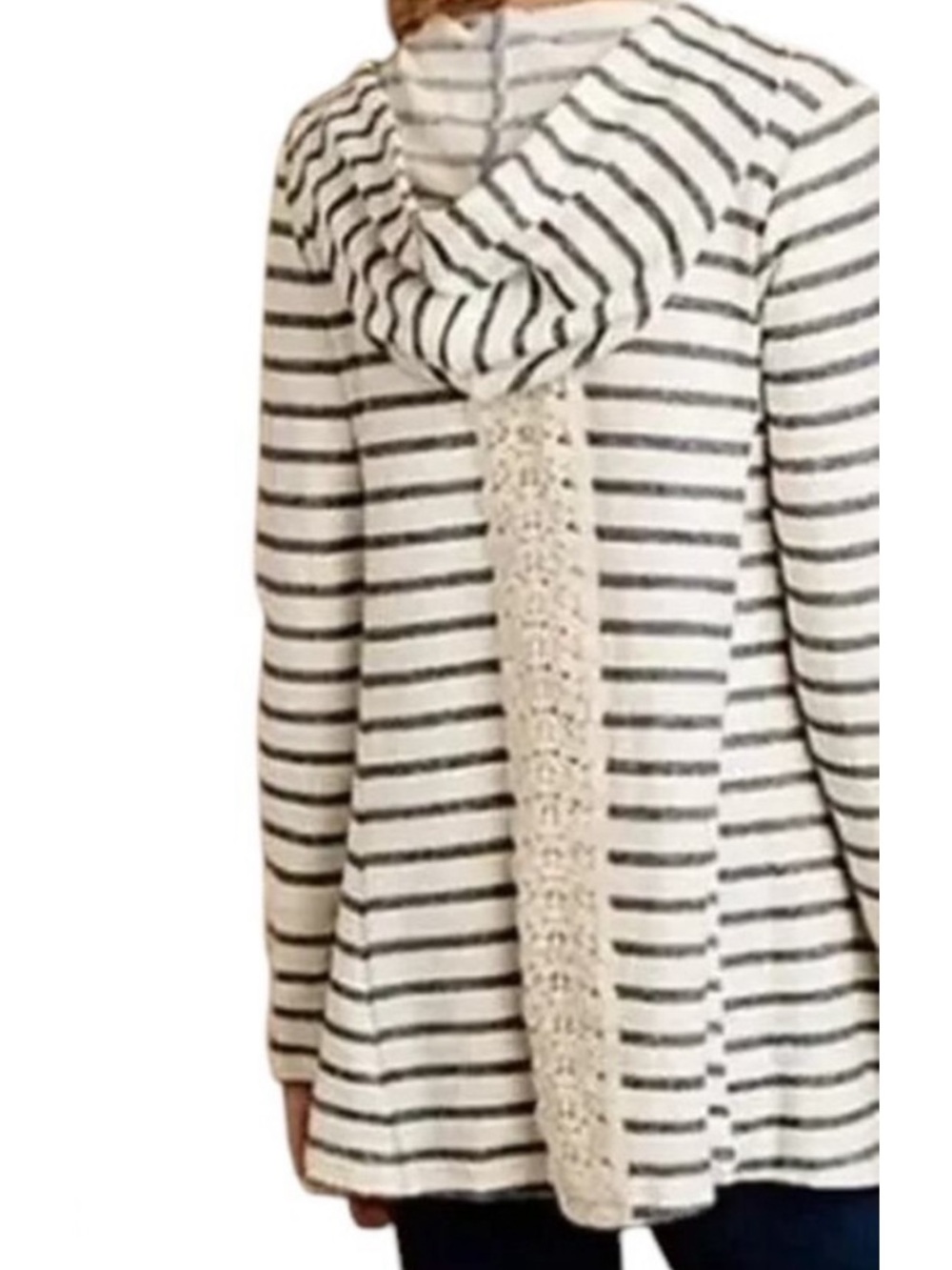 SUNDAY!Striped Hooded Crochet-Trim Knit Top - Ivory & Black! L